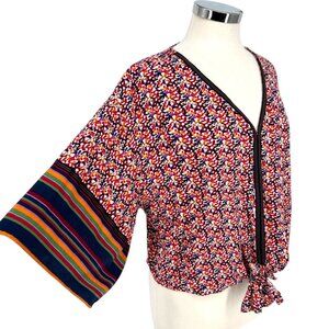 Democracy Floral Stripe Kimono Blouse Red Multicolor Size Medium